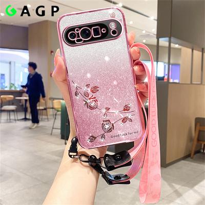 Gradient Flower Long Lanyard Soft Case For Google Pixel 9 Pro XL 6pro 8Pro 7Pro 7A 6A 8A Pixel 8 7 9 9XL 9pro Wrist Strap Cover