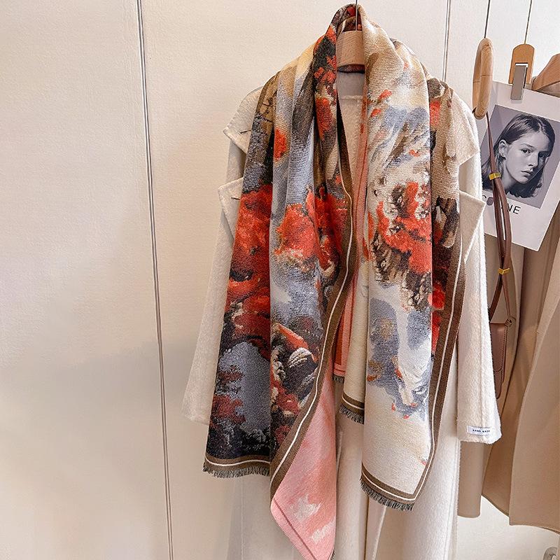 Autumn And Winter National Style Plants And Flowers Landscape Painting Elegant Women Warm Scarf Fashion Retro Shawl