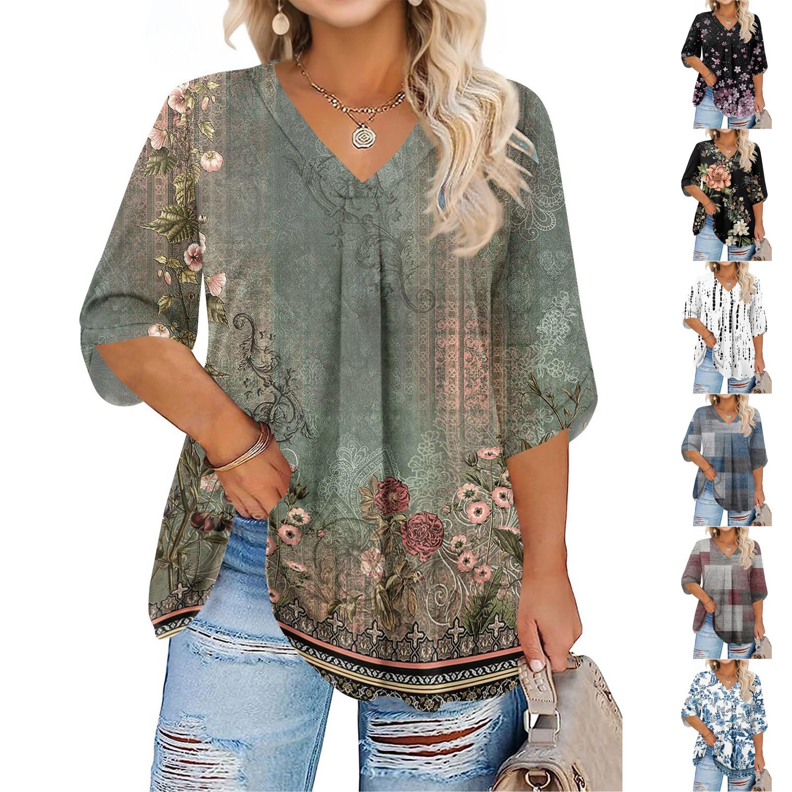 

Women s Fashion Large Size Print V-Neck Three-quarter Sleeve Top S