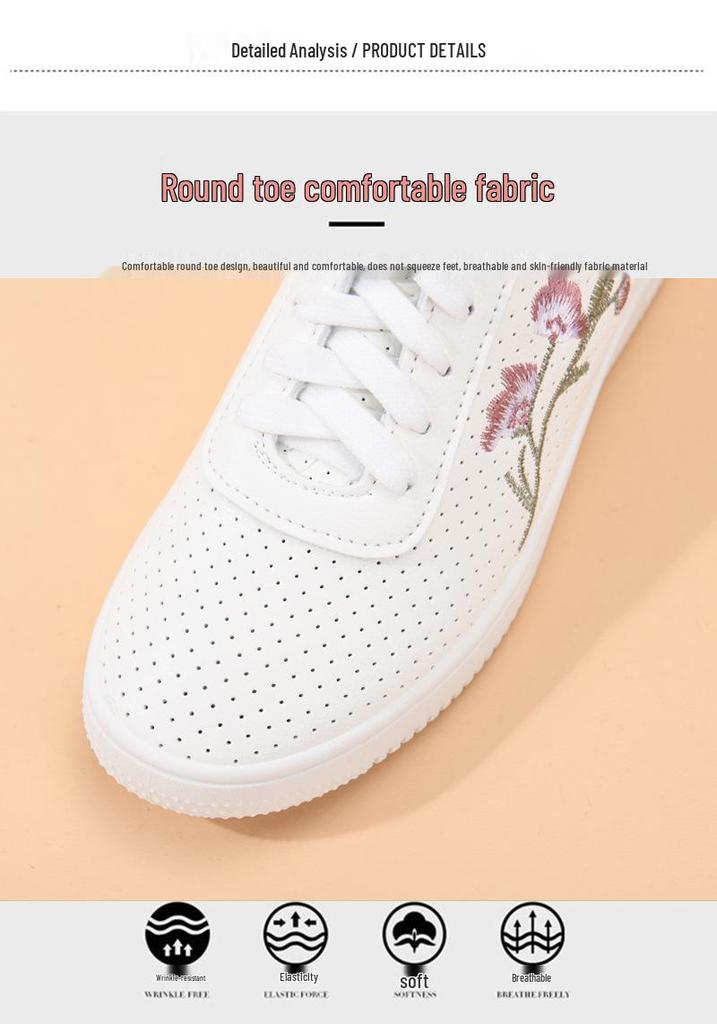Women's White Leather & Mesh Breathable Shoes - Soft Sole, Non-Slip, Korean Style for Spring/Summer