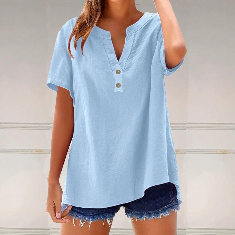 JPNTKY Women's Fashion Casual Solid Color Print Short Sleeve V Neck Blouses & Shirts