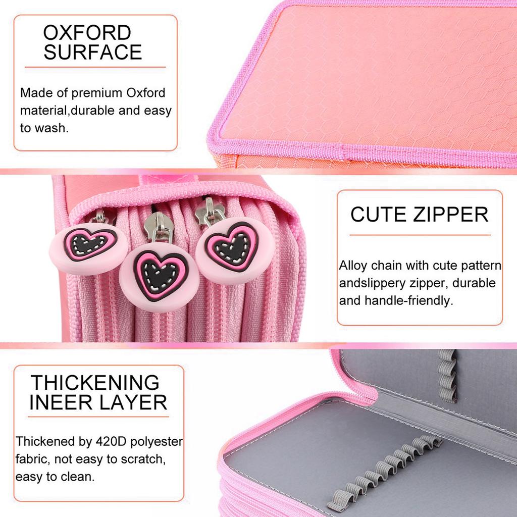 72 Count Slot Colored Pencil Carry Case Bag Large Capacity Oxford Multilayer Pencil Organizer Pink