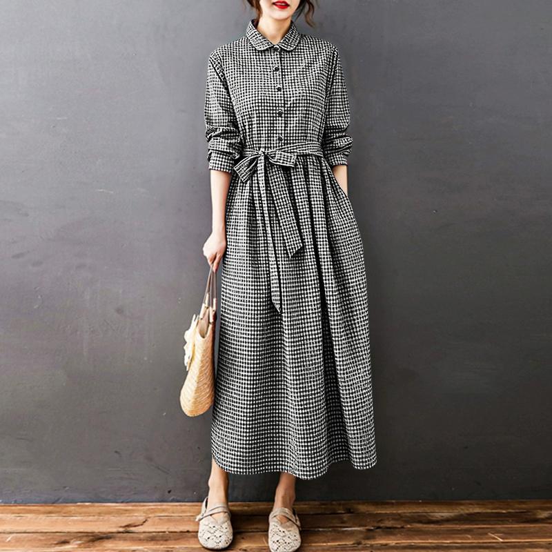 

ZANZEA Жіноча повсякденна сукня з відкладним коміром, вільна, з довгим рукавом, з картатим принтом 5XL чорний