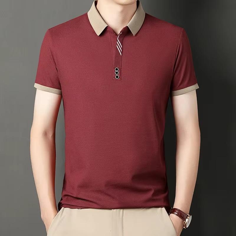 Summer Men's Polo Shirt Jacquard T-shirt Lapel Collar Color Block Casual Short Sleeve Tees Breathable Male Button Tops