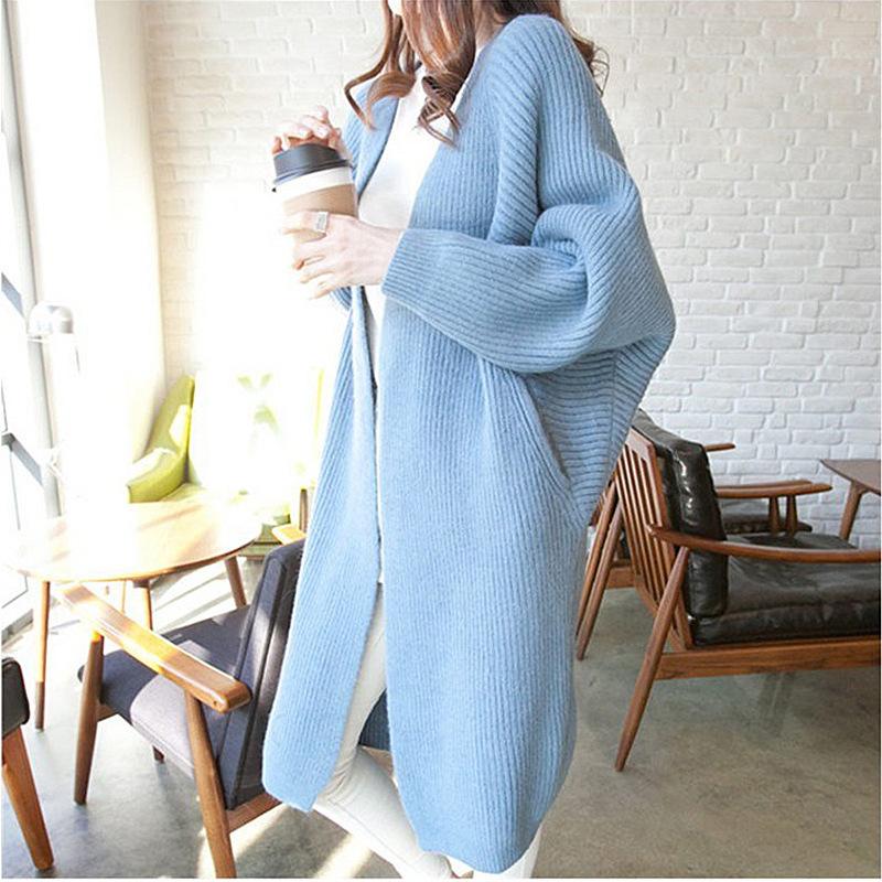 Autumn and Winter  Women's Sweater Cardigan Jacket Medium Long Loose Casual with Bat Sleeves Irregular Design