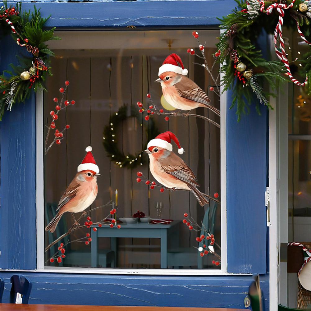 Christmas Bird Window StickersSanta Hat Bird Xmas Decor Reusable Decals For Home Glass Door Party Festival New Year Decorat F3T7