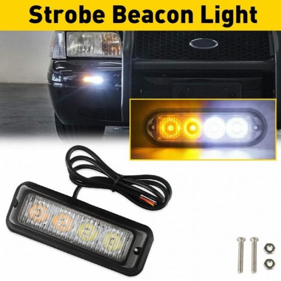 Amber/White 4LED Beacon  Car Warning Hazard Flash Strobe Brake Light