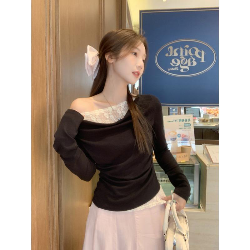 White Swing Collar Lace Long Sleeve T-shirt Women's Early Autumn Wear with Bottoming Shirt Slim Waist Top