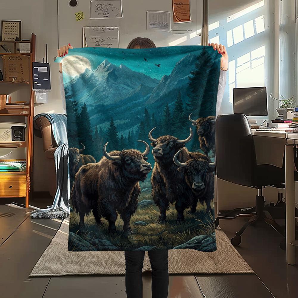 1PC Moonlit Highland Yaks Print FlAannel Blanket, High quality Comfortable for All Seasons, Home Decor, Warmth and Comfort