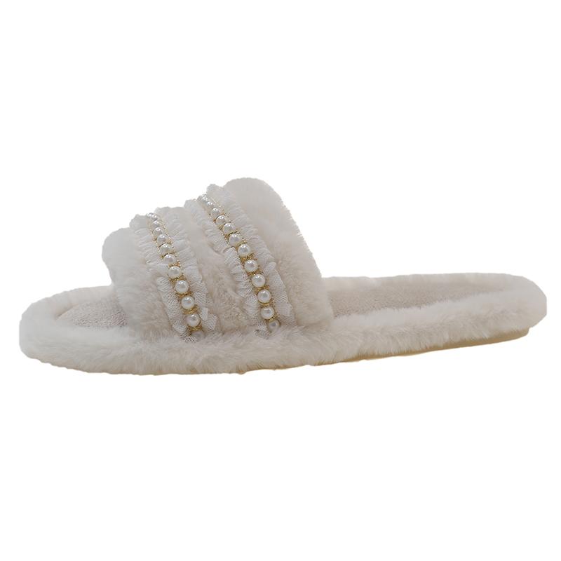 Fashion 2025 New Home Slippers Women's Rubber Flip Flops Luxury Slides Flock String Bead Shoes Low Platform Designer Cotton Slippers