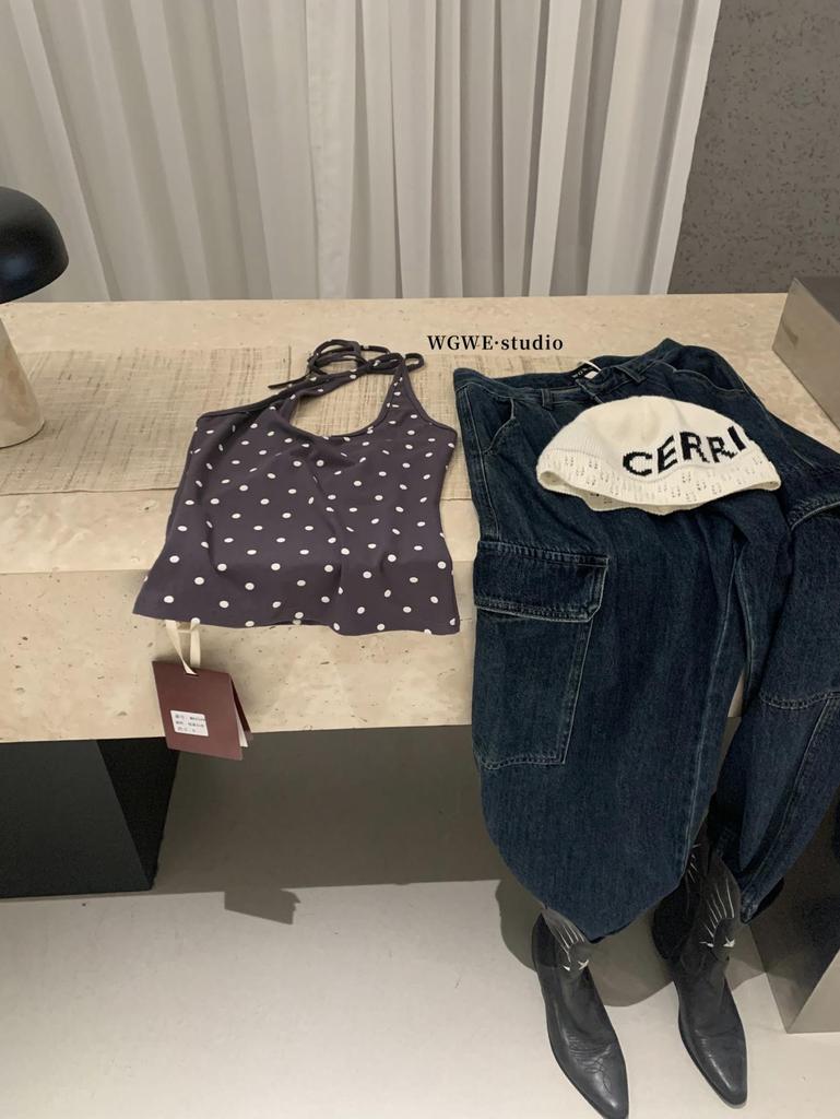 Polka Dot Color Block Halterneck Cami Top - Spring/Summer Women's Fashion