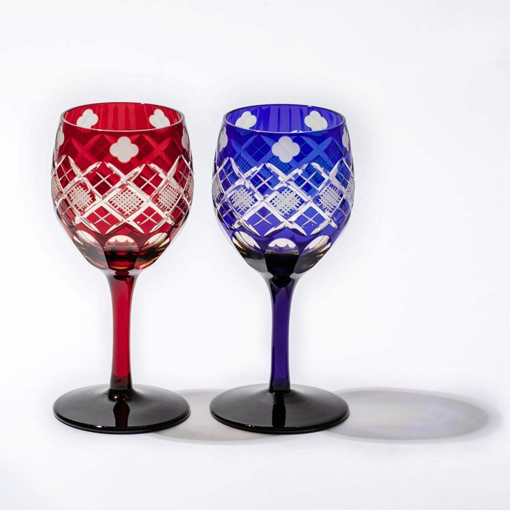 Official Direct Sales from Taiburo Edo Kiriko and Yarai Nanko Pattern Wine Pair Red and Amber Wooden Made in Japan Studio Four-Leaf Glasses, (Amber
