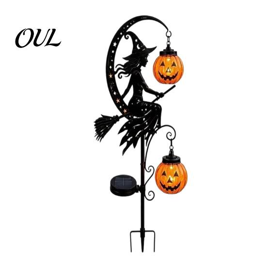 Dekorative Metall-Gartenstäbe Solar Halloween Gartenstecker-Licht, Automatisches Ein-/Ausschalten Halbmond Schwarze Katze mit Hängenden Gruseligen Außen-Terrassen-Akzenten Kürbis