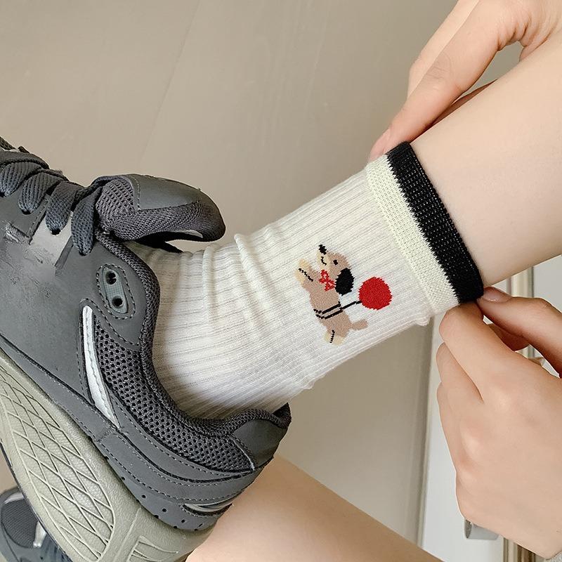 Puppy Socks, Women's Spring and Autumn Cotton Socks, Mid-calf Socks, Trendy and Breathable Cotton Socks, Cute Lace Bubble Opening Pile Socks
