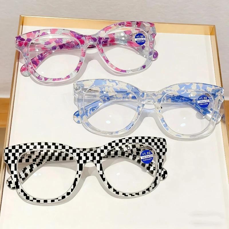 Large Frame Oval Reading Glasses Fashion Personalized Pattern Presbyopia Glasses Spring-Arm Stylish Blue Light Blocking Glasses