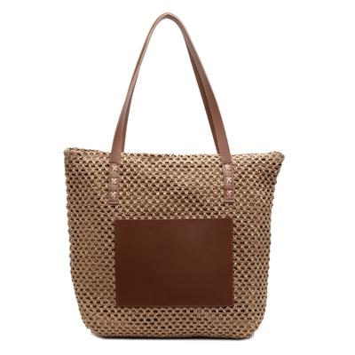 Gewebte Tragetasche für Damen, Sommer-Strandhandtasche mit Kunstlederriemen, modische und lässige Tragetasche