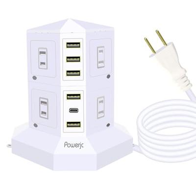 JIACHAN Tower-Style Power Strip with 2 Vertical Outlets, 8 AC, Smart USB, PD, and Type-C Charging, Lightning Guard, Overload Protection, Energy-Saving