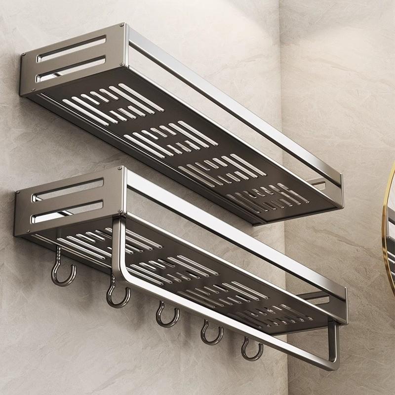 Space Aluminum Bathroom Wall Shelf With Hooks And Oxidized Finish For Toilet Storage