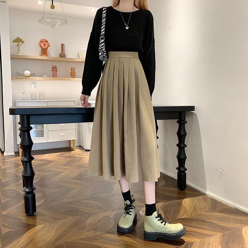 Móda Sukně s vysokým pasem plisovaná dámská korejská elegantní vysokoškolský styl midi sukně dámské podzimní zimní silné áčkové sukně