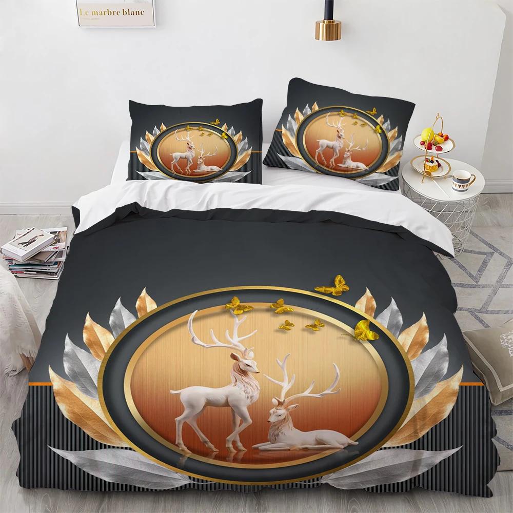 Cartoon Elk Duvet Cover King Queen Size Golden Deer Pattern Bedding Set for Teens Adults Wild Buck Quilt Cover with Pillowcase