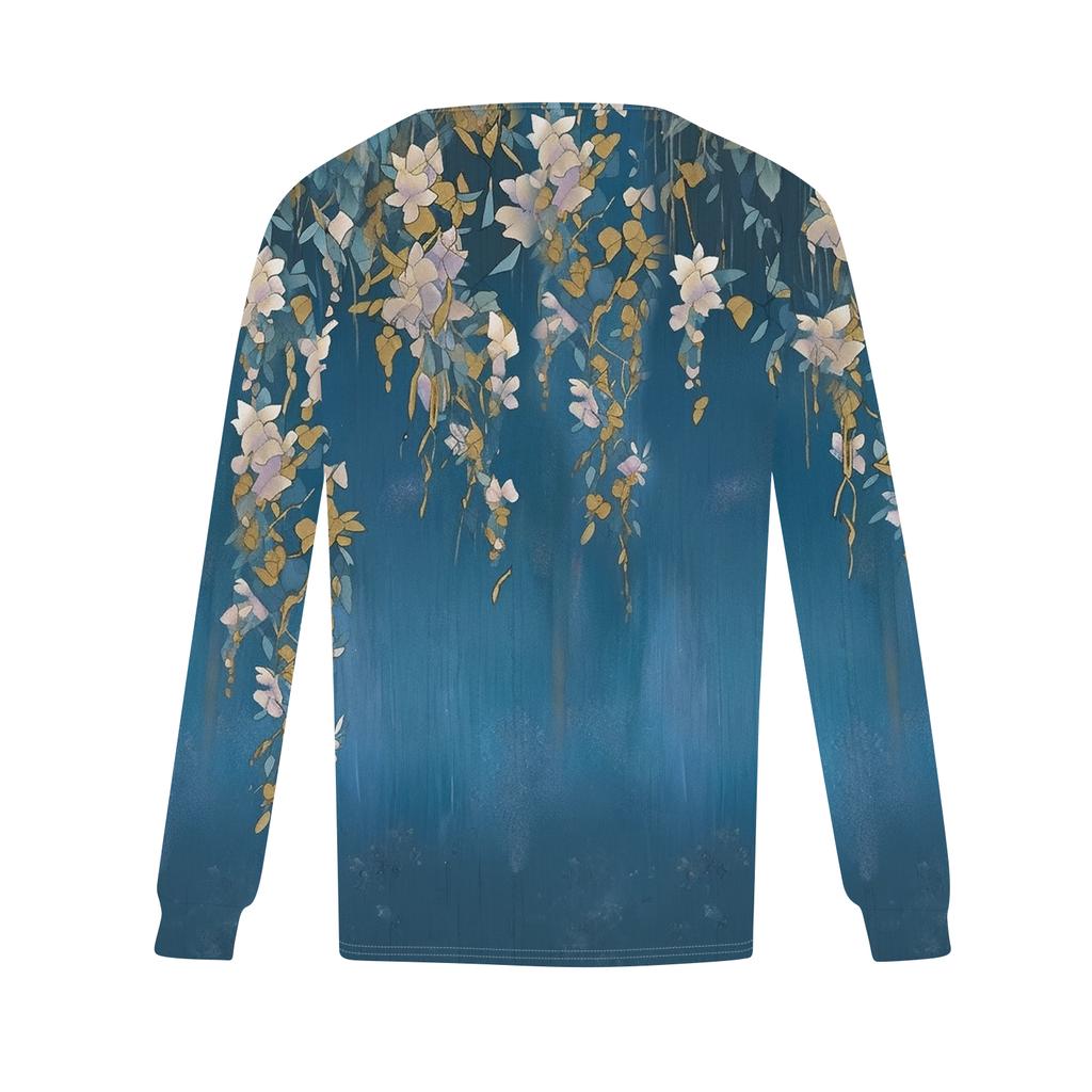 Women's Fashion Casual Pleated Round Neck Vintage Floral Print Long Sleeve T,Shirt Top