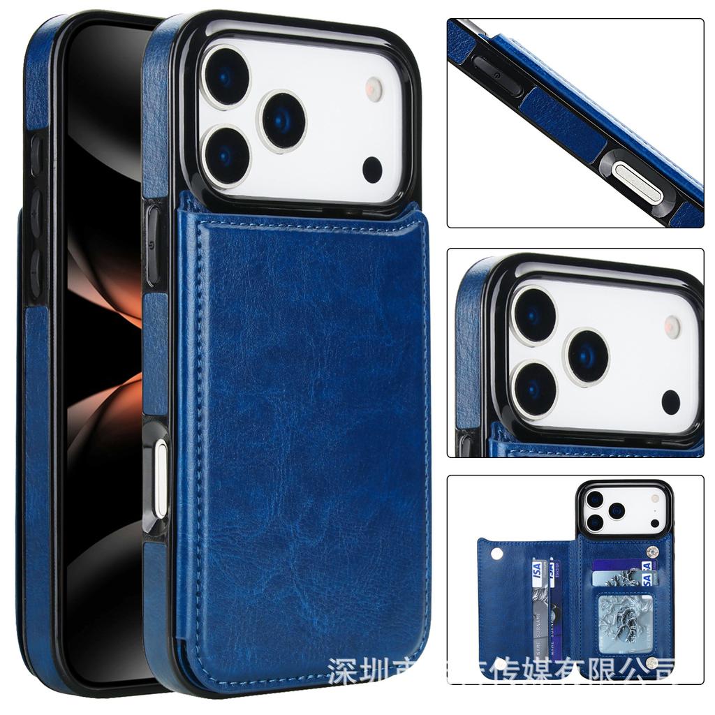 Suitable for Phone17  multiple phone models, Crazy Horse pattern double buckle phone leather case, Apple 16e/15 card insertion sticker protective case