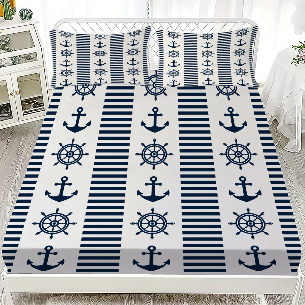 New Nautical Ocean Anchor Bedding Sets Ocean Spirit Fitted Sheet Queen Single Size Bed Linen with Pillowcase Teens Boys Gift