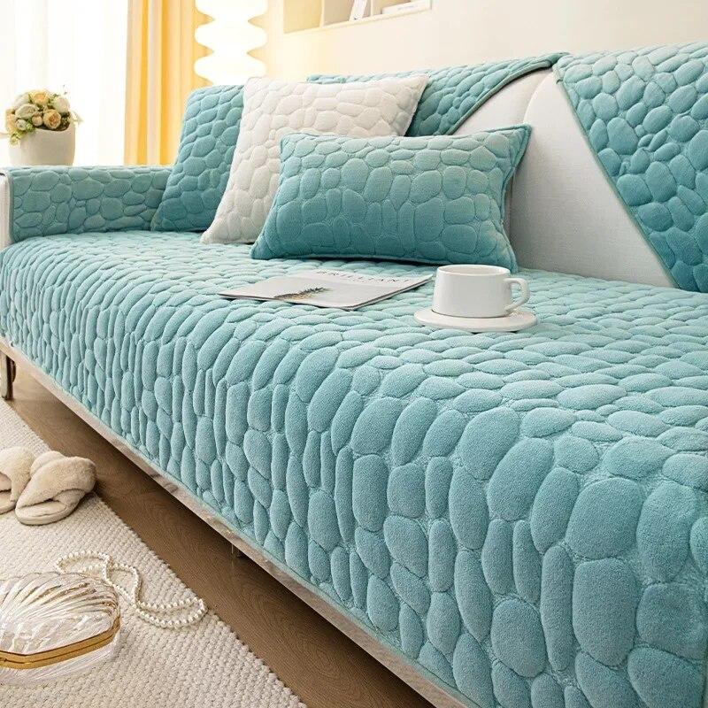 Winter Warm Sofa Covers Non-slip Soft Velvet Sofa Cushion Mat Slipcovers Solid Cobblestone Universal Couch Towels Living Room