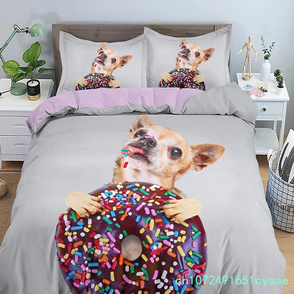 Animal Pet Duvet Cover Set Cute Dog Hugging Donut Bedding Set For Kids 3D Dog Comforter Cover Soft Polyester Quilt Cover