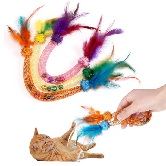 Cat Teaser Spring Toy with Bell Interactive Stretchable Spring Tube Cat Feather Toy for Indoor Cats Kittens Exercise Chewing Swatting Biting
