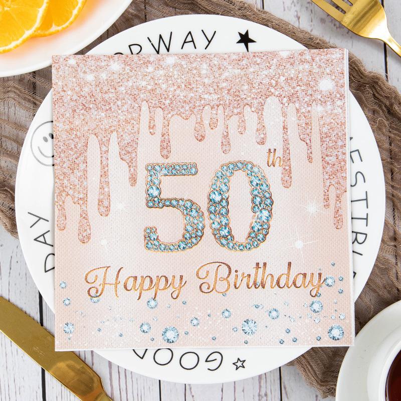 20Pc Rose Gold Number 40th 50th 60th 70th Years Old Disposable Paper Napkins for Women Happy Birthday Party Tissue Decoration