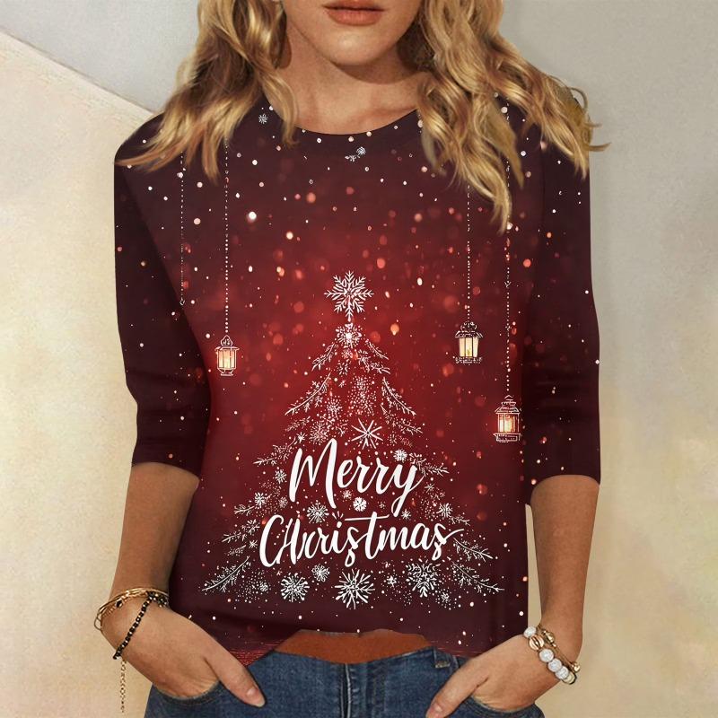 Weihnachten Limitierte Edition Damen 3D Roter Weihnachtsbaum Aufdruck Rundhals Langarm T-Shirt Mode Lässig Langarm Oberteil