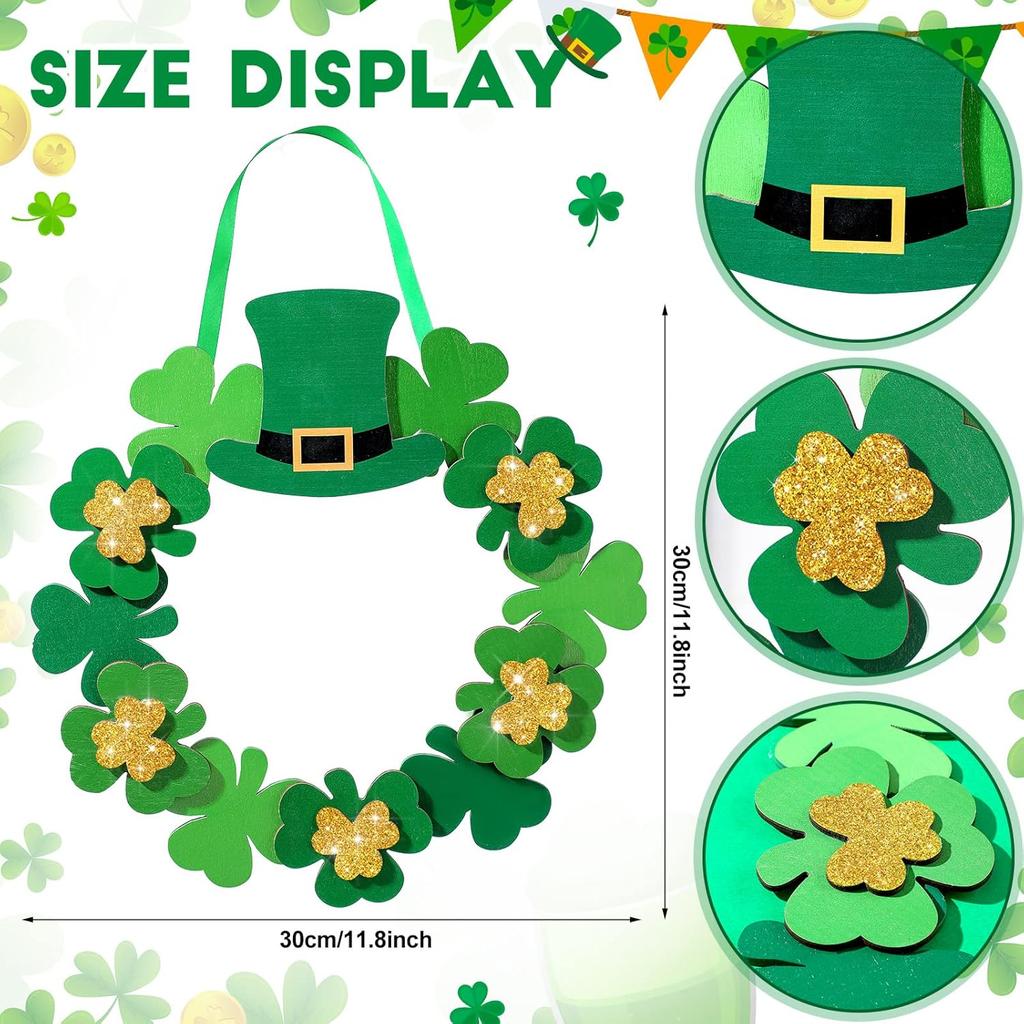 Yookeer St. Patrick's Day Shamrock Door Wreath Shamrocks Wooden Hanging Sign Lucky Irish Ornament Wood Wreath for Happy St. Patrick's Day Party Front