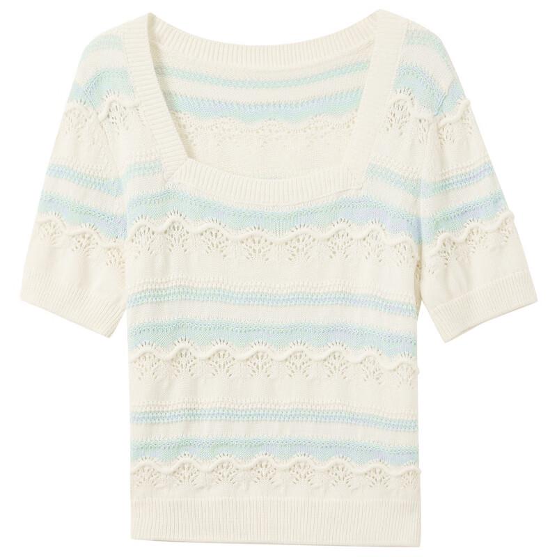 Sancai Women's 2025 Summer Hollow-Out Crochet Striped Square Neck Short Sleeve Knit Top
