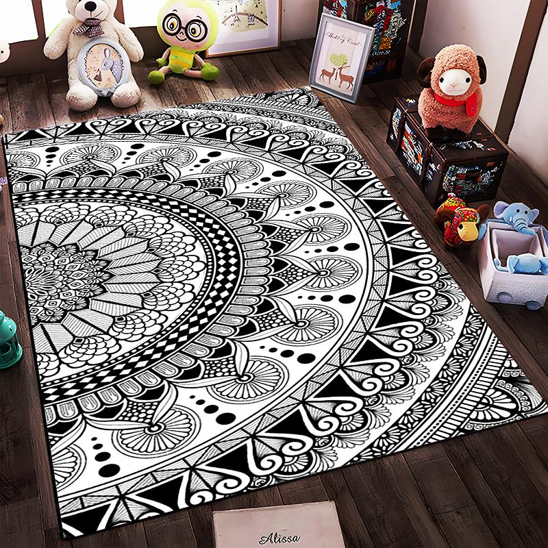 Mandala Pattern Black and White Rug Non-slip rug suitable for living room and bedroom sofas