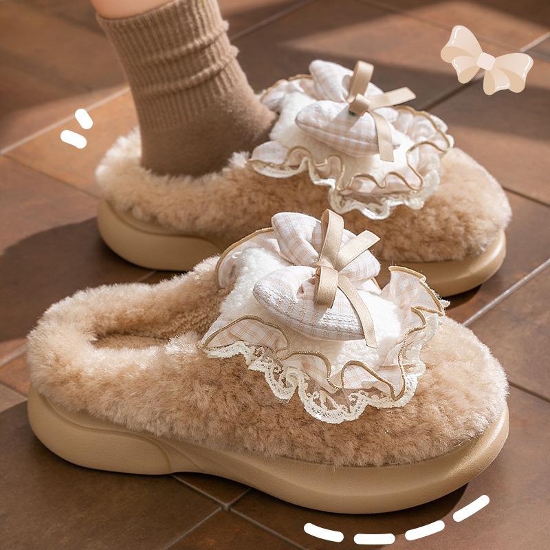 Cartoon Bow Cotton Slippers Women's New Autumn and Winter Indoor Home Plush Warm Cotton Drag Women