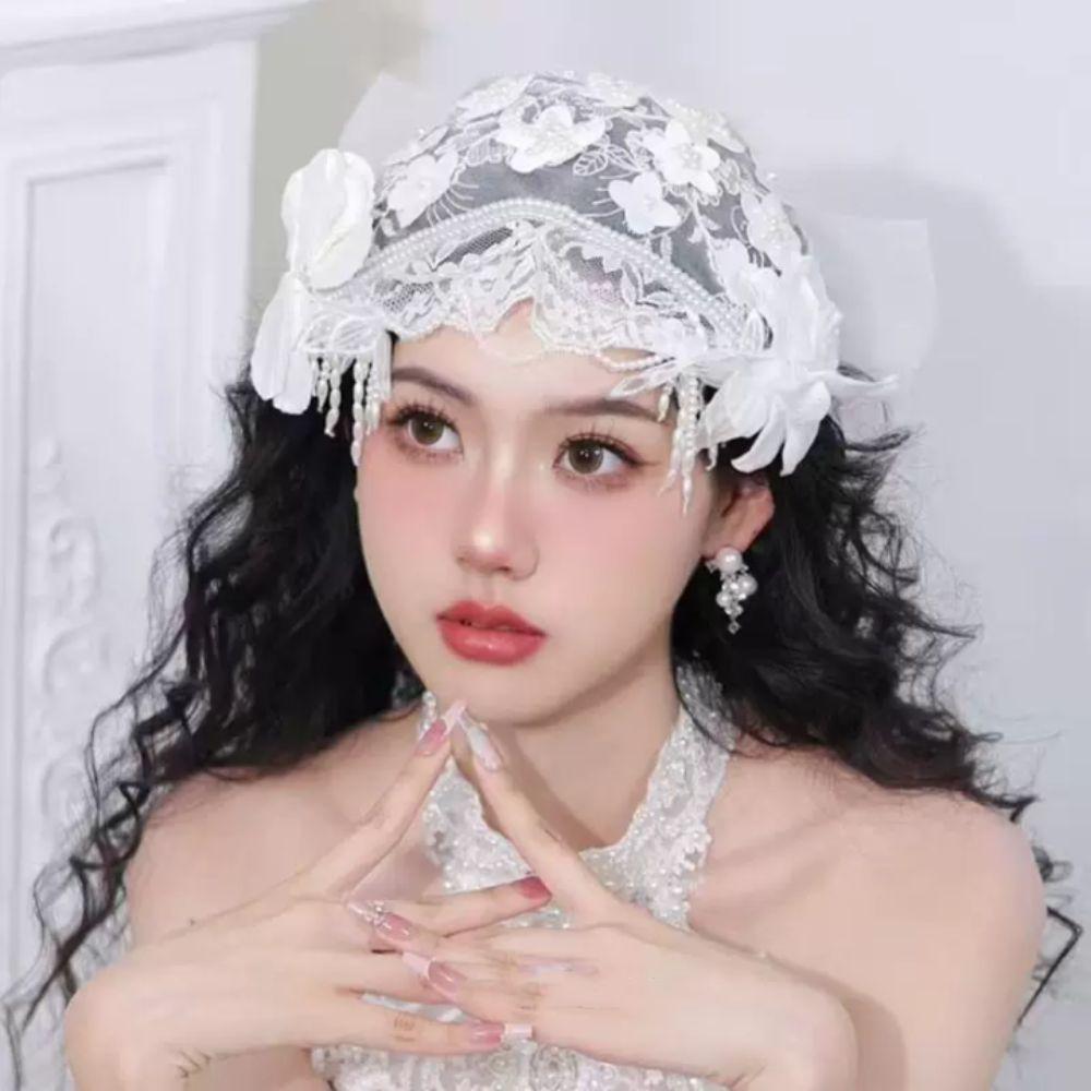 Lace Floral Bride Headdress White Wedding Headwear French Bridal Hat  Photography Accessories