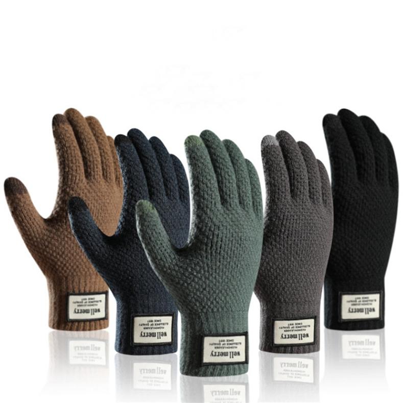 Autumn And Winter Men Padded Thicken Jacquard Touchscreen Gloves Warm Wool Gloves for Cold Weather