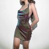 2023 Side Split Backless Dress StreetwearWomen's Sexy Mini Bodycon Dress Cowl Neck Sequins Glitter Halter Dress Summer