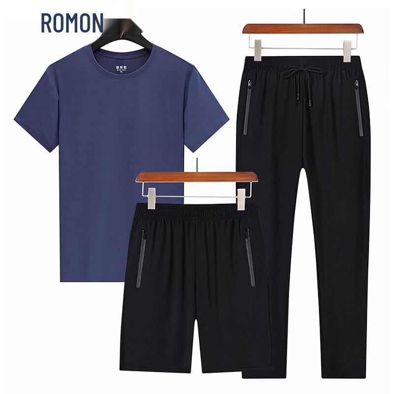 ROMON Men s Ice Silk Short Sleeve Casual Sportswear 3-Piece Set 3XL