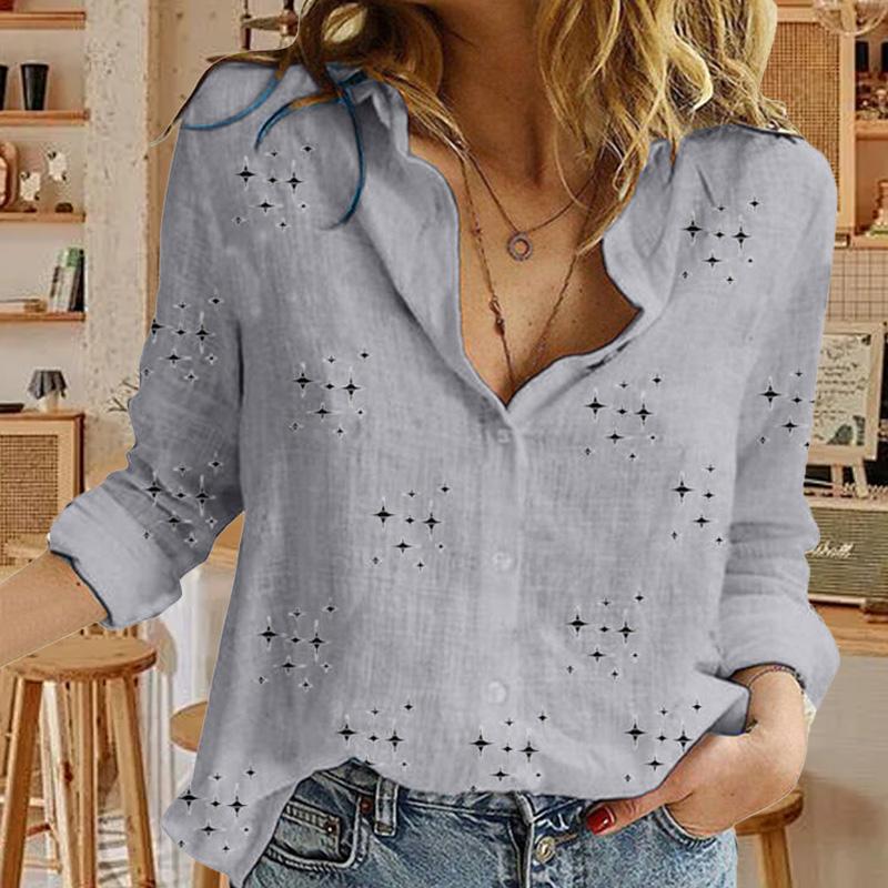 1pc Cotton Linen Casual Lapel Blouses Shirts Elegant Long Sleeve Plus Size Loose Tops Stars Printed Women Shirts Solid Button