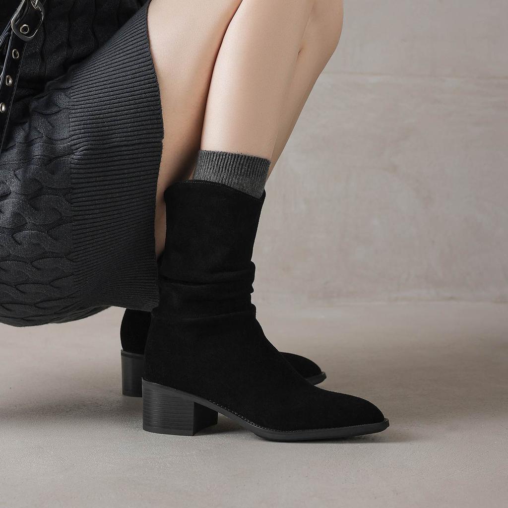 Krazing Pot Cow Suede Nubuck Round Toe Thick Heels Western Boots Size 42 Slip on Women Pleated Decoration Mid-calf Boots