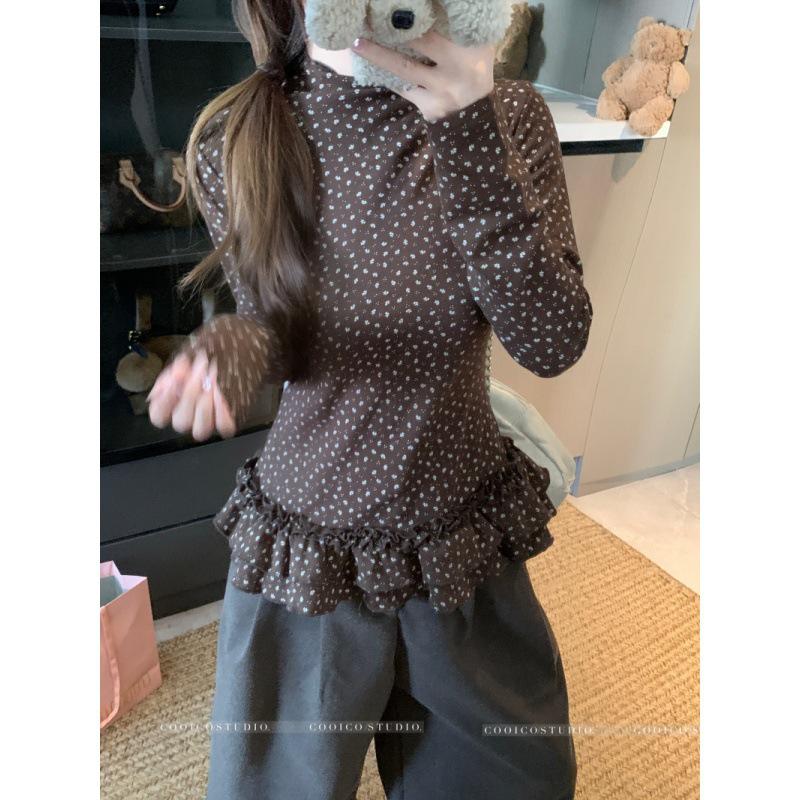 Sweet Style Thermal Fleece High Neck Lace Hem Slimming Long Sleeve Top S