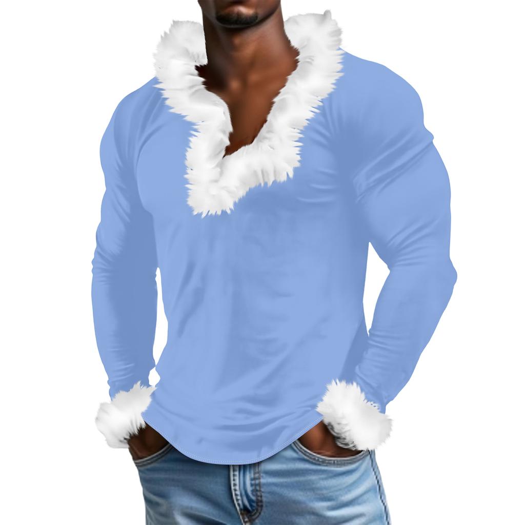 Pánská ležérní jednobarevná plyšová mikina s výstřihem do V a fleecem, hřejivá, s dlouhým rukávem