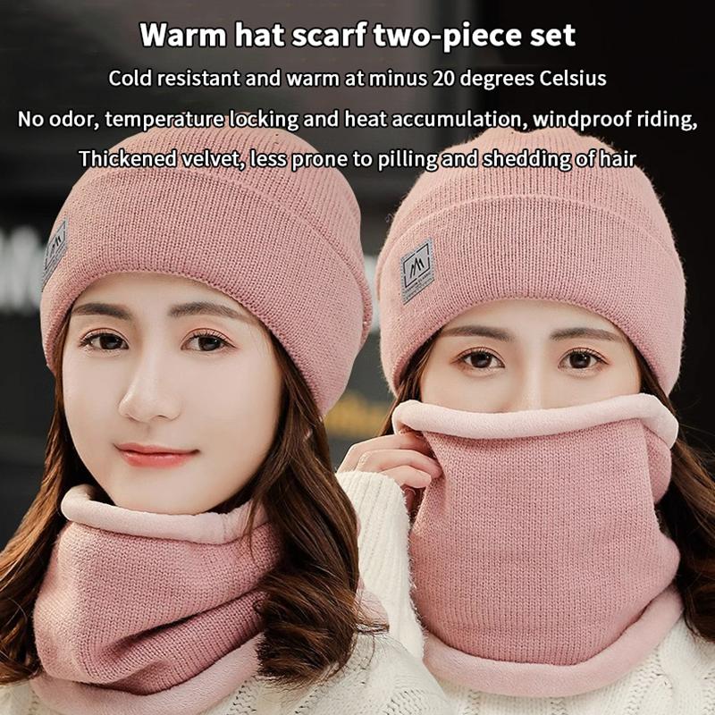 Women Knitted Beanie+Scarf Sets Thicken Velvet Lining Pullover Cap Unisex Winter Warm Plush Bonnet Neck Protection Scarves Hat