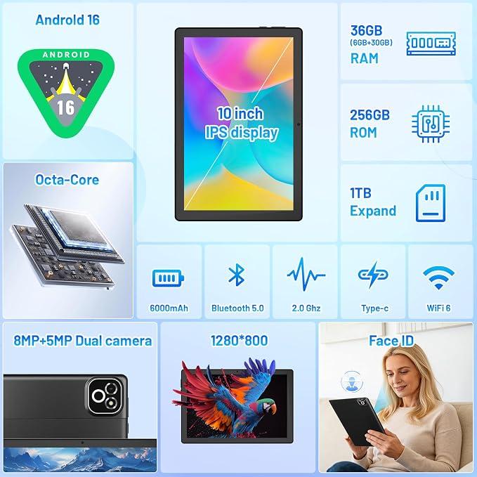 Android 16 Tablet, 10.1 Inch, 36GB+256GB,A537 Octa Core, 1TB Expandable, Portable Work Tablet