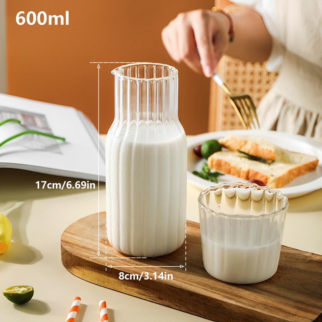 Glass Water Pitcher Set with Cup 500ML/600ML Heat Resistant V-Shaped Mouth for Bathroom Bedside Water Carafe for Office