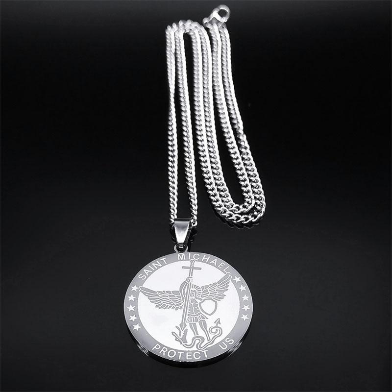 Collana Pendente San Michele Proteggici per Donne Uomini Acciaio Inossidabile Arco Tondo Arcangelo Collane Lunghe Gioielli Hip Hop N2350S05
