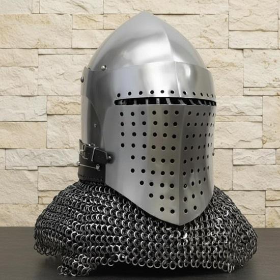 Шлем крестоносца Грейтхелм с кольчугой Шлем Грейтхелм Средневековый кольчужный шлем Стальные доспехи ручной работы для косплея, LARP, для демонстрации