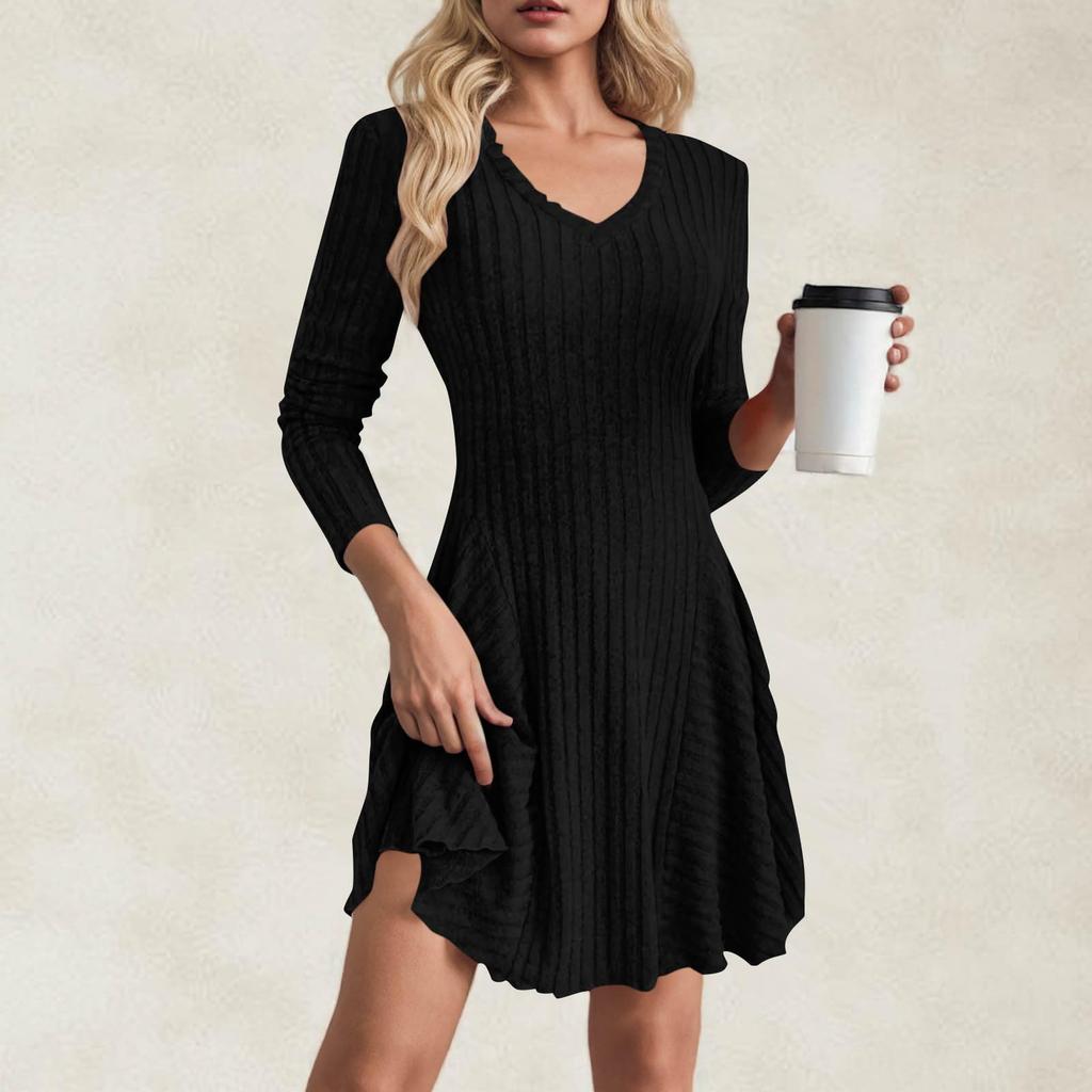 Women's Fashion Casual Solid Color V-neck Long-sleeve A-line Dress